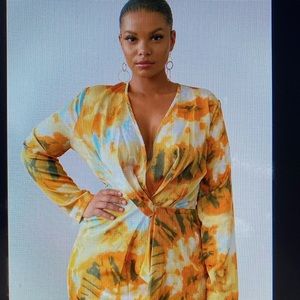 Orange Tie dye print long sleeve wrap dress